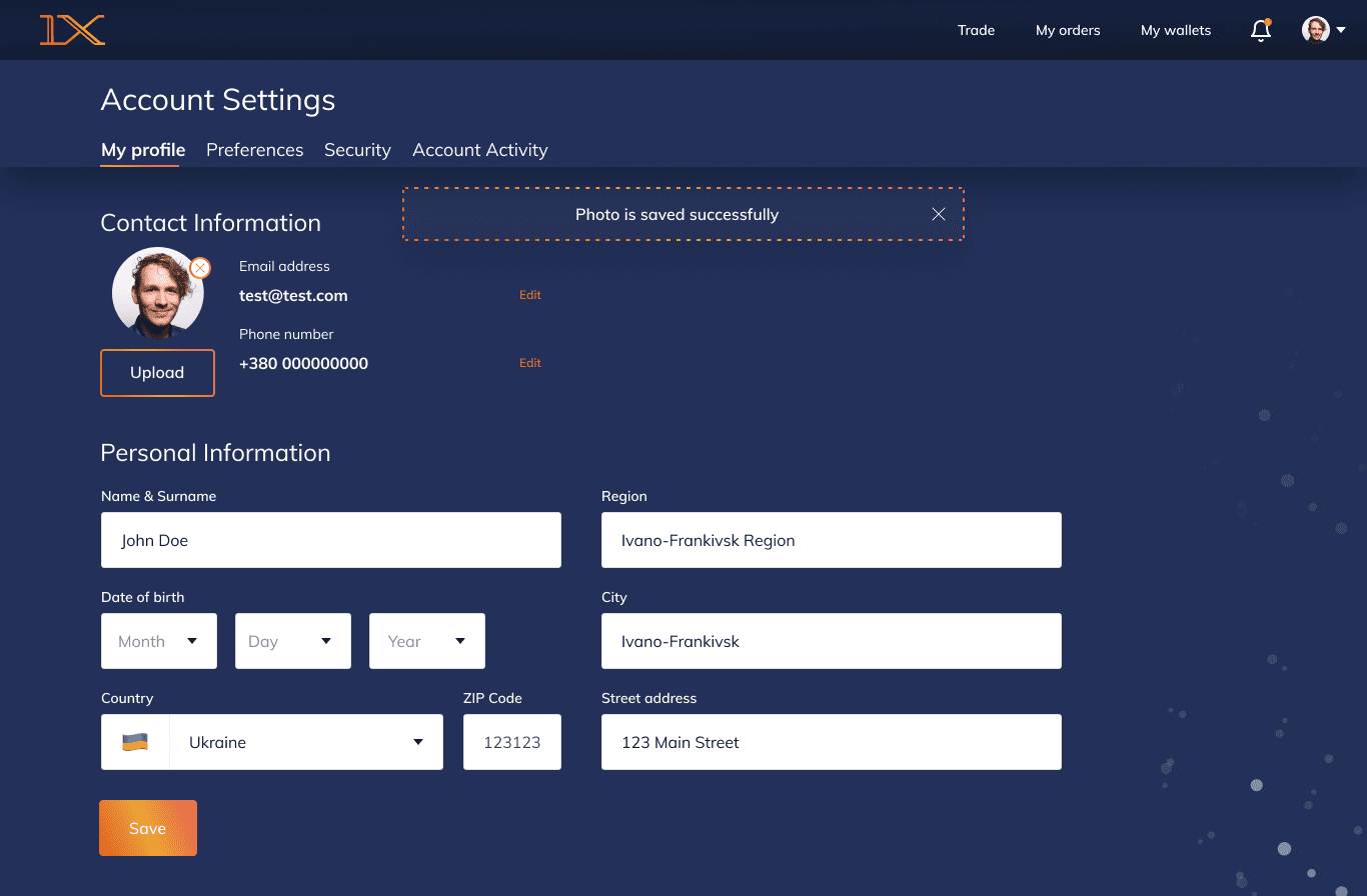 settings profile of cryptocurrency exchange platform