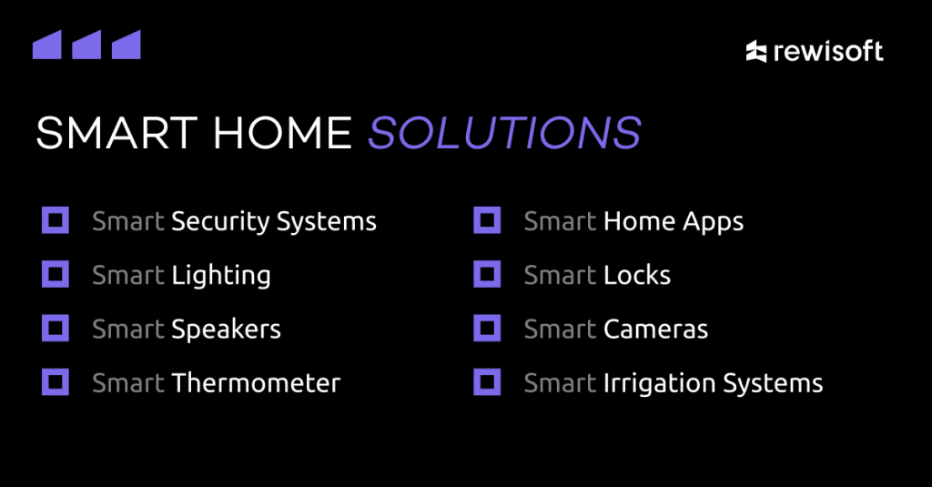 examples of smart homes solutions: security cameras, iot devices, smart tvs, etc